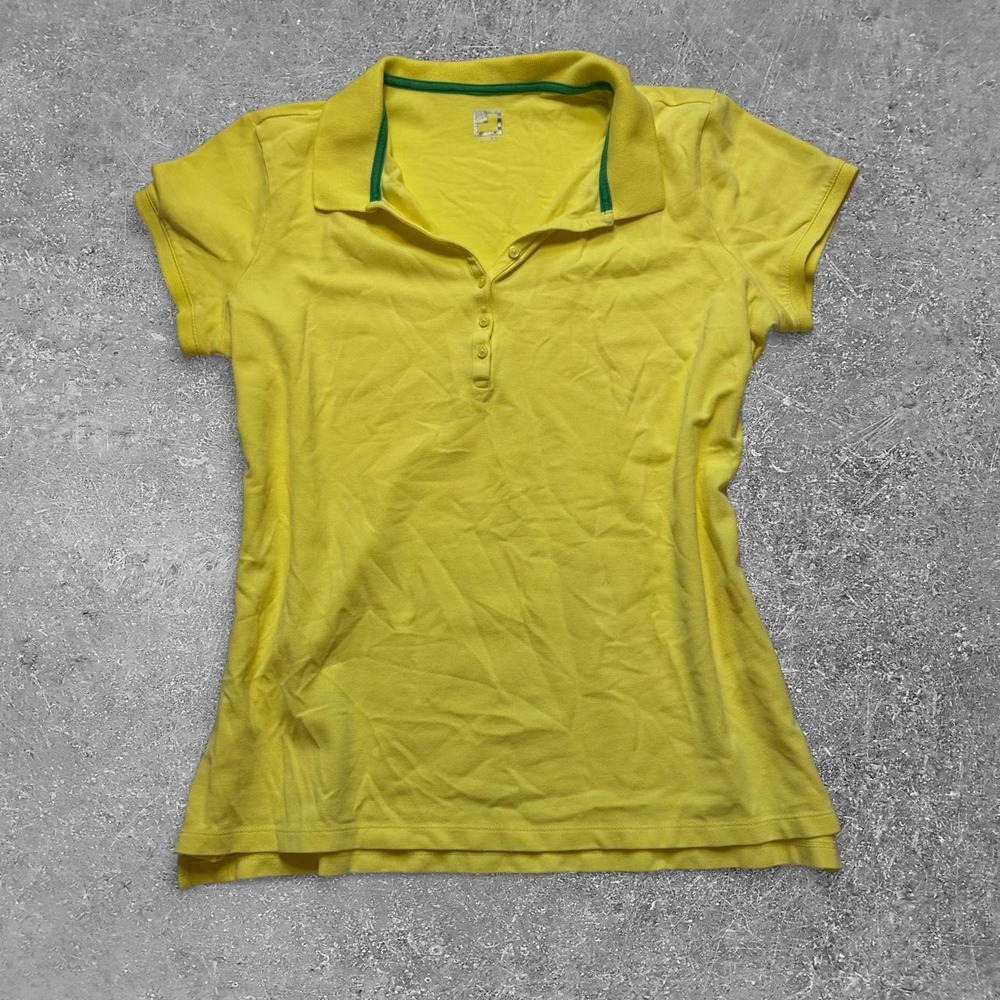 Vintage JCP Yellow Polo Shirt Green Collar Women Large Short Sleeve JC-00-049-A